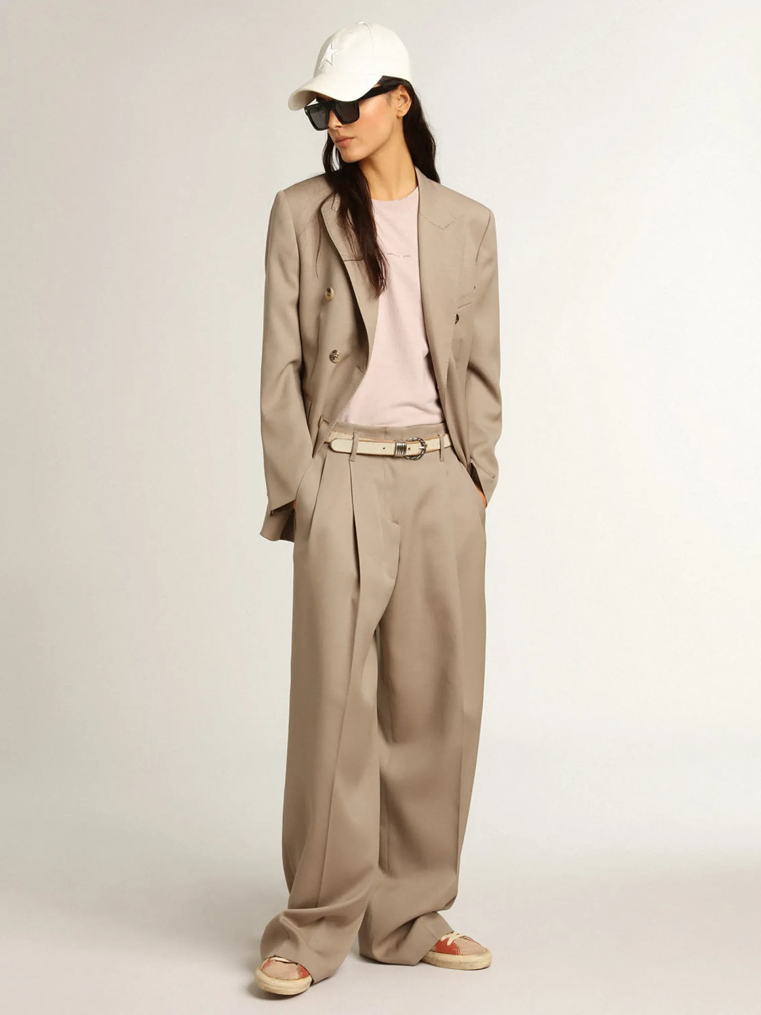 Online Blazer de abotoamento duplo de gabardine de lã bege claro MULHER Blazers