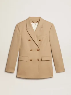 Store Blazer de abotoamento duplo feminino cor areia com botões heráldicos dourados MULHER Blazers