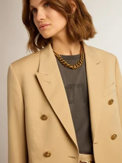 Store Blazer de abotoamento duplo feminino cor areia com botões heráldicos dourados MULHER Blazers
