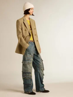Sale Blazer feminino de abotoamento duplo de lã cor de faia clara MULHER Blazers