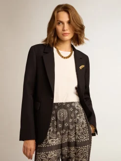 Shop Blazer feminino de abotoamento simples de gabardine de lã azul-escuro MULHER Blazers