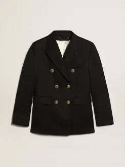 Cheap Blazer feminino de abotoamento duplo azul-escuro MULHER Blazers