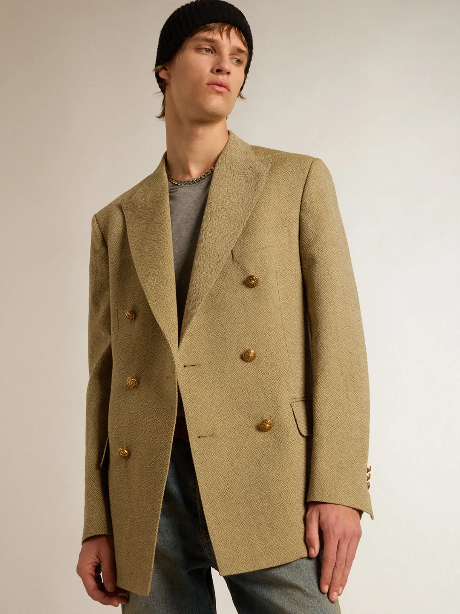 Sale Blazer masculino de abotoamento duplo de lã cor de faia clara Blazers