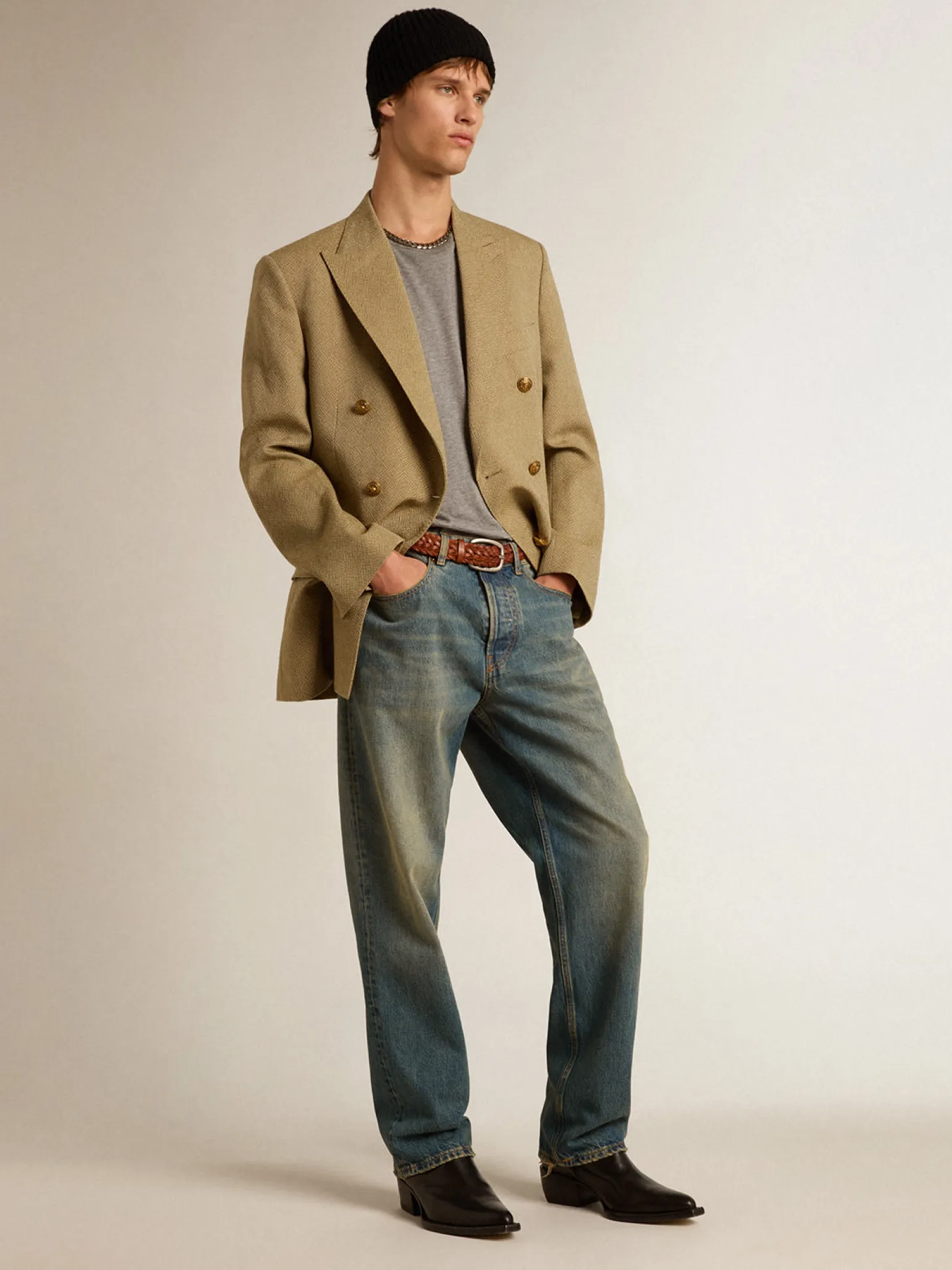 Sale Blazer masculino de abotoamento duplo de lã cor de faia clara Blazers