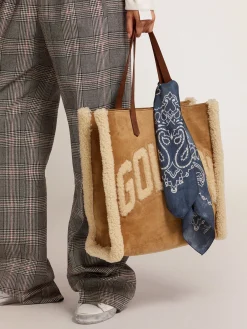 Cheap Bolsa California North-South de camurça com shearling MULHER Bolsas de ombro|Bolsas de mão