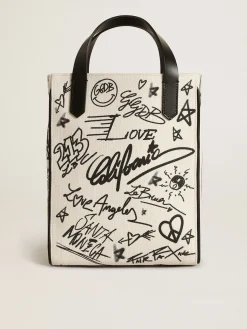 Outlet Bolsa Mini California feminina de algodão branco com estampa preta MULHER Minibolsas|Bolsas de mão