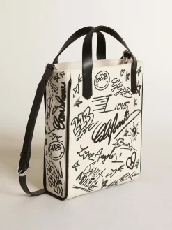 Outlet Bolsa Mini California feminina de algodão branco com estampa preta MULHER Minibolsas|Bolsas de mão
