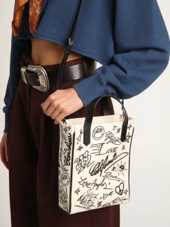 Outlet Bolsa Mini California feminina de algodão branco com estampa preta MULHER Minibolsas|Bolsas de mão
