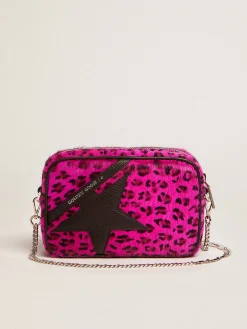 Shop Bolsa Mini Star de couro cavalinho com estampa de leopardo fúcsia e estrela de couro preta MULHER Minibolsas|Bolsas tiracolo