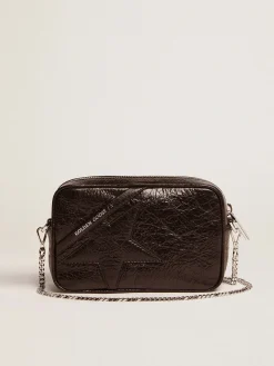 Fashion Bolsa Mini Star feminina de couro brilhante preto com estrela tom sobre tom MULHER Minibolsas|Bolsas tiracolo