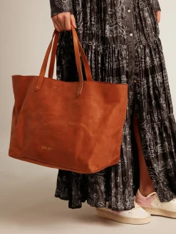 Sale Bolsa Pasadena de couro marrom brilhante com logo dourado na frente MULHER Bolsas de ombro|Bolsas de mão