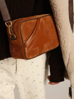 Cheap Bolsa Star de suede cor tabaco com estrela de couro tom sobre tom MULHER Bolsas tiracolo