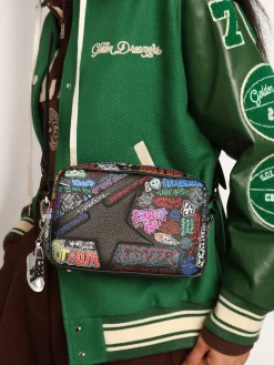 Fashion Bolsa Star feminina de couro martelado preto com estampa multicolorida MULHER Bolsas tiracolo