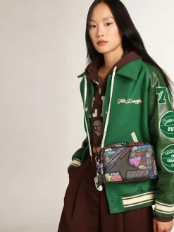 Fashion Bolsa Star feminina de couro martelado preto com estampa multicolorida MULHER Bolsas tiracolo