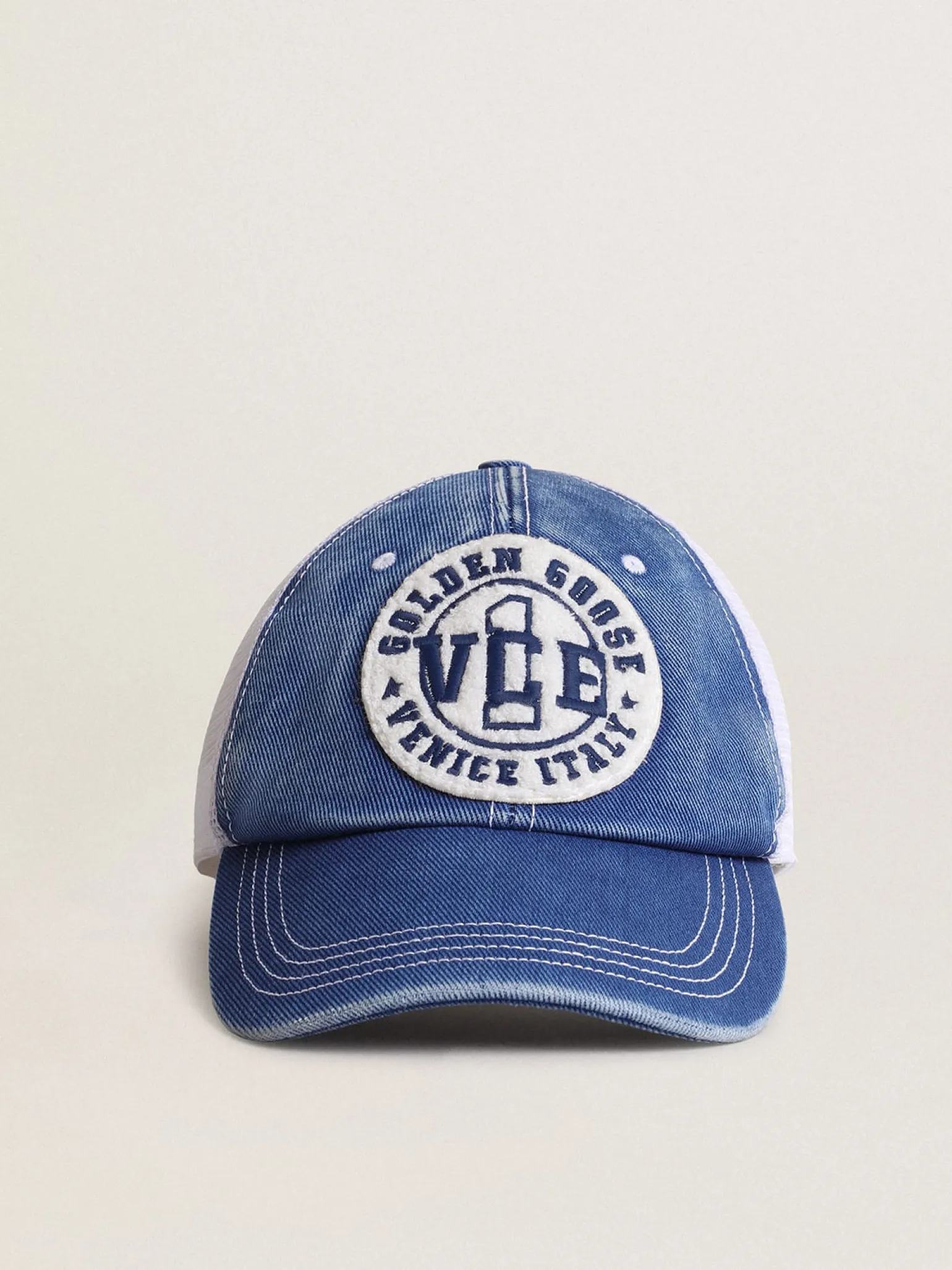 Fashion Boné vintage de algodão azul com tela branca e patch na frente MULHER Chapéus e bonés|Beachwear
