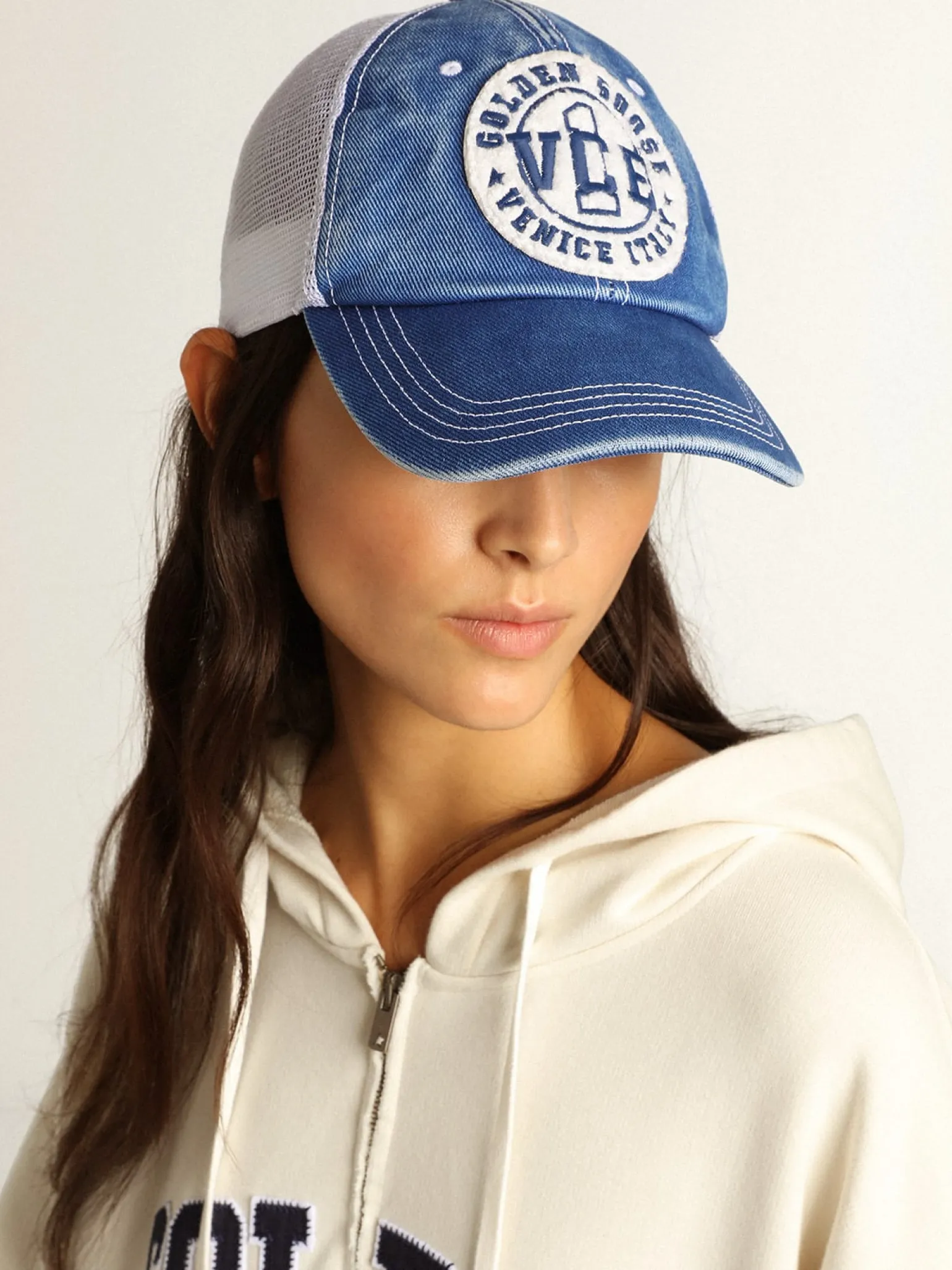 Fashion Boné vintage de algodão azul com tela branca e patch na frente MULHER Chapéus e bonés|Beachwear