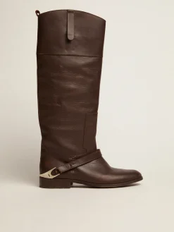 Cheap Bota Charlie feminina de couro marrom escuro e braçadeira no salto MULHER Botas