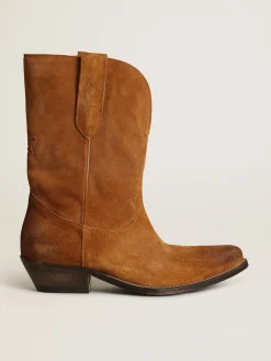 Discount Bota de cano baixo feminina de suede cor tabaco com estrela embutida MULHER Botas