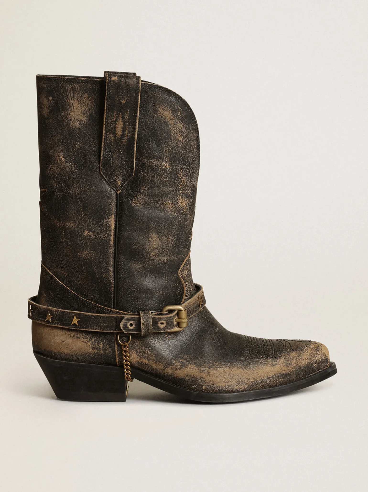 Cheap Bota de cano baixo feminina de couro preto brilhante com corrente MULHER Botas