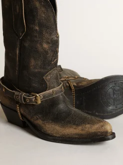 Cheap Bota de cano baixo feminina de couro preto brilhante com corrente MULHER Botas