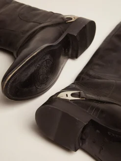 Cheap Bota feminina de couro preto com braçadeira no salto MULHER Botas