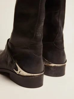 Cheap Bota feminina de couro preto com braçadeira no salto MULHER Botas