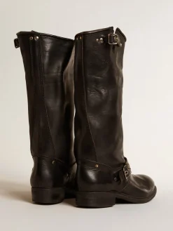 Store Botas Biker de cano alto de couro preto com tachas e fivelas prateadas MULHER Botas