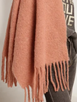 Outlet Cachecol de lã rosa pálido com franjas e inscrição Golden MULHER Sedas e Echarpes|Sedas e Echarpes