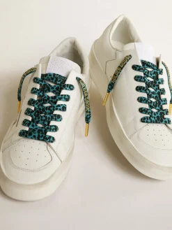 Online Cadarços salpicados em azul e preto com logo dourado em contraste MULHER Cadarços|Cadarços