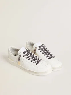 Fashion Cadarços salpicados em branco e preto com logo dourado em contraste MULHER Cadarços|Cadarços