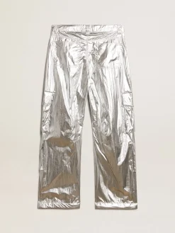 Hot Calça cargo masculina de tecido técnico prateado Jeans e calças