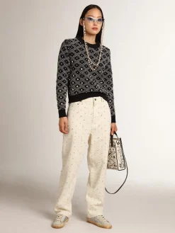 Online Calça jeans Kim Coleção Journey de algodão branco sujo com motivos de losangos e aplicação de pérolas e cristais MULHER Jeans e calças