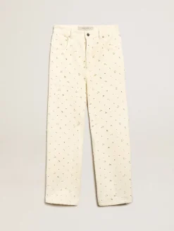 Online Calça jeans Kim Coleção Journey de algodão branco sujo com motivos de losangos e aplicação de pérolas e cristais MULHER Jeans e calças
