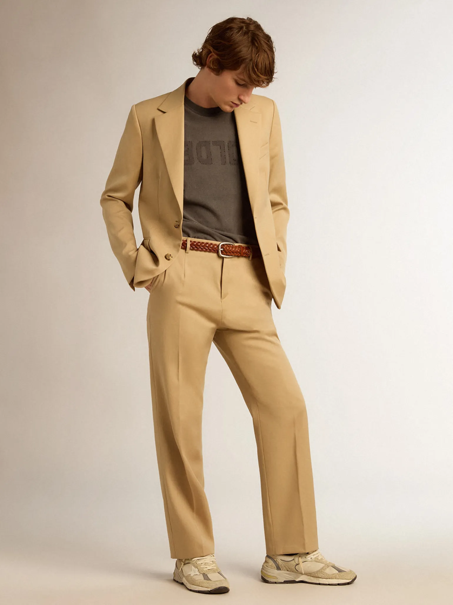 Online Calça masculina de gabardine de lã cor areia Jeans e calças