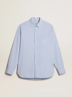 Sale Camisa azul bebê de algodão com bordado no bolso Camisas