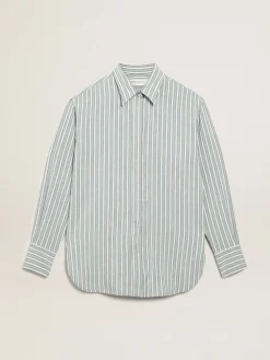 Best Sale Camisa boyfriend feminina com listras cor de água MULHER Camisas