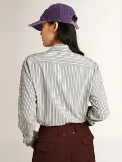 Best Sale Camisa boyfriend feminina com listras cor de água MULHER Camisas