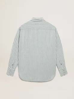 Best Sale Camisa boyfriend feminina com listras cor de água MULHER Camisas