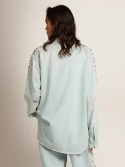 Best Sale Camisa boyfriend feminina desbotada com cristais cabochão MULHER Camisas
