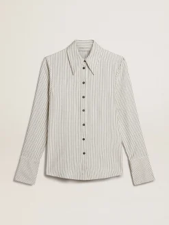 Hot Camisa branca feminina de viscose com estampa de listras finas pretas MULHER Camisas