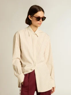 Sale Camisa branca feminina de algodão com estampa de listras bege MULHER Camisas