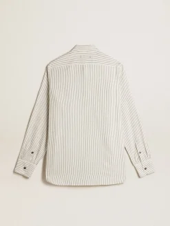 Clearance Camisa branca masculina de viscose com estampa de listras finas pretas Camisas