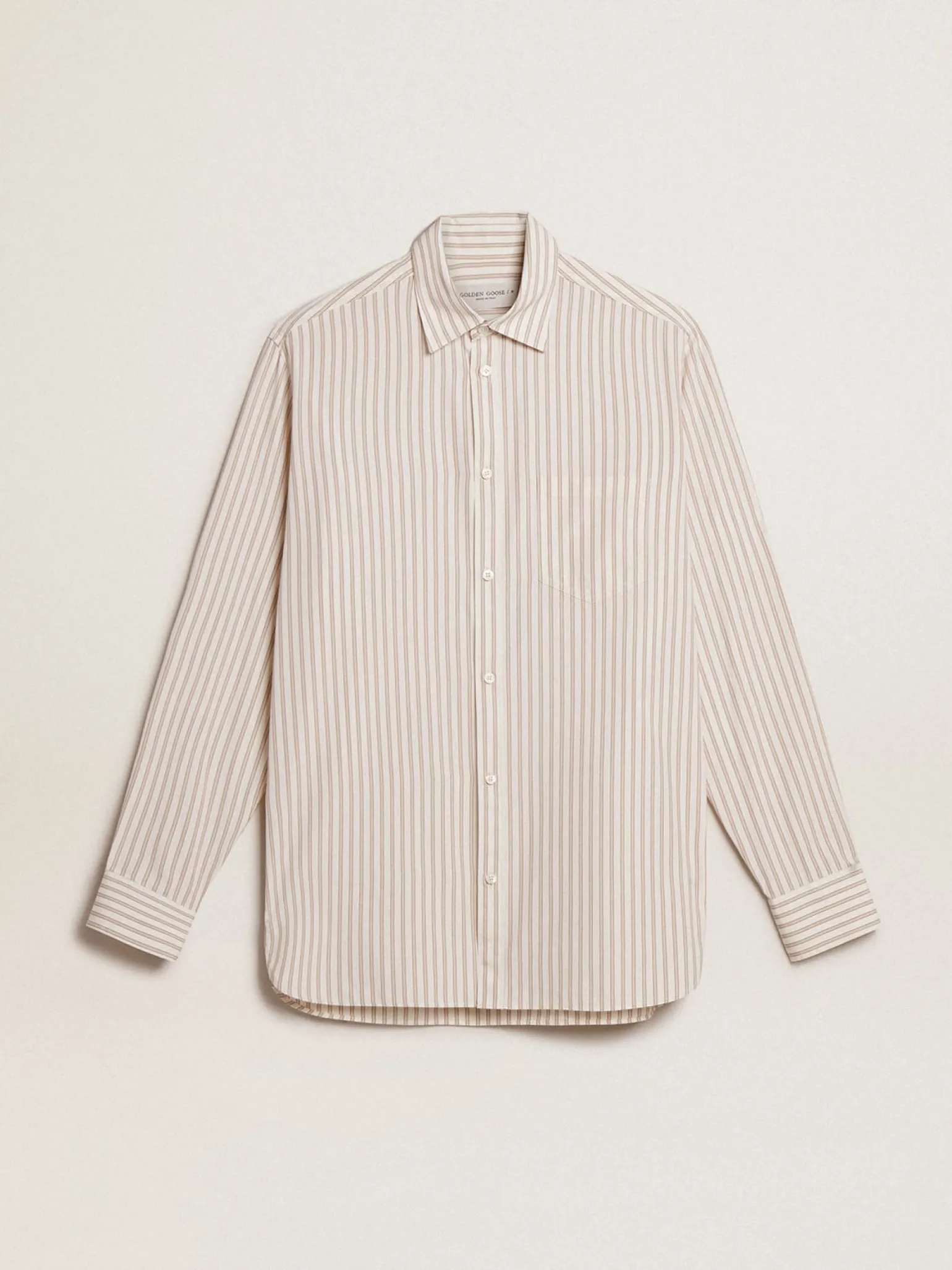 Clearance Camisa branca masculina de algodão com estampa de listras bege Camisas