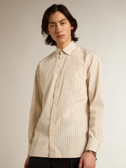 Clearance Camisa branca masculina de algodão com estampa de listras bege Camisas