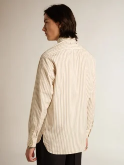 Clearance Camisa branca masculina de algodão com estampa de listras bege Camisas