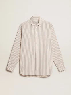 Clearance Camisa branca masculina de algodão com estampa de listras bege Camisas