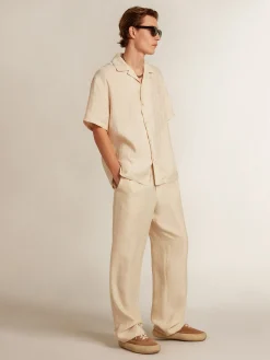 Hot Camisa de linho de manga curta cor de pergaminho Camisas