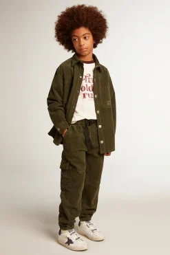 Clearance Camisa infantil masculina verde escura de algodão efeito aveludado Roupas de cima (4-12 years)