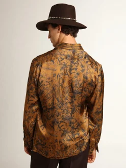New Camisa masculina marrom-dourada e estampa caderno de viagem Camisas