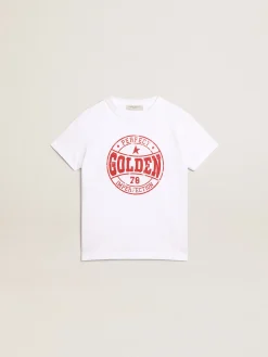 Sale Camiseta branca infantil masculina com logo vermelho no centro Roupas de cima (4-12 years)